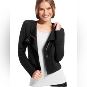 Cabi Black Asymmetrical Snap Zip Ponte Moto Jacket Size S Style 615 Zip Pocket